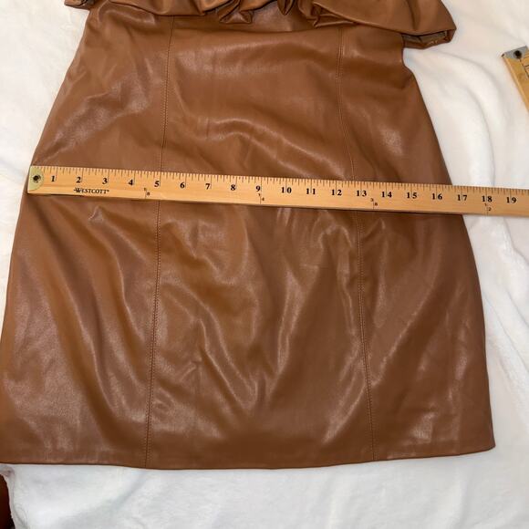 DO + BE Faux Leather Dress Size L Tan Camel Off‑Shoulder Ruffle Mini Dress - Picture 9 of 15